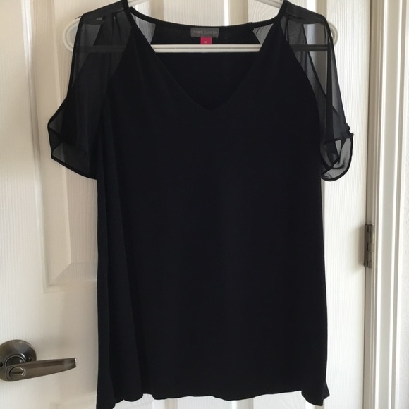 Vince Camuto black top with sheer slit short sleeves - Picture 3 of 9